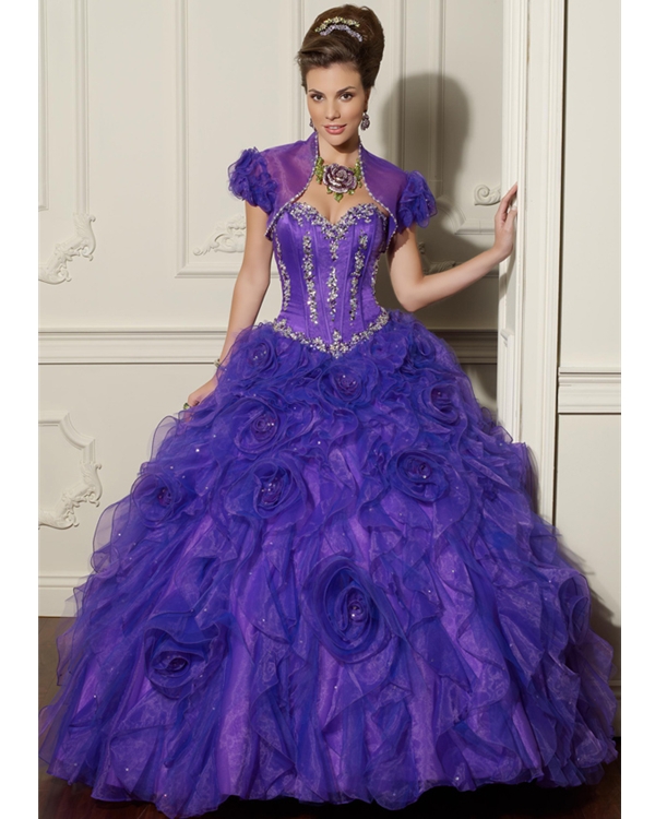Violet Sweetheart Ball Gown Floor Length Organza Satin Purple Quinceanera Dresses With Appliques And Rosettes