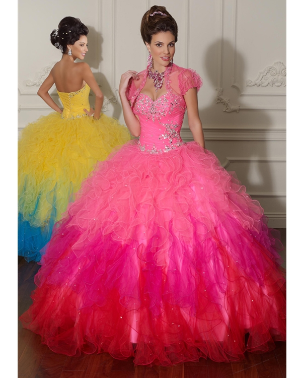 Pink Sweetheart Ball Gown Floor Length Organza Satin Quinceanera Dresses With Ruffles And Beads