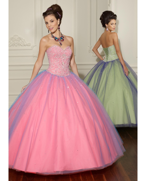 Strapless Sweetheart Floor Length Pink Ball Gown Quinceanera Dresses With Beadings And Violet Organza