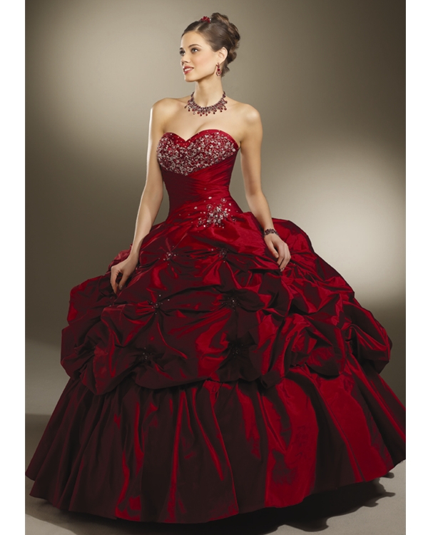 Strapless Sweetheart Red Ball Gown Floor Length Taffeta Quinceanera Dresses With Twist Drapes And Sequins