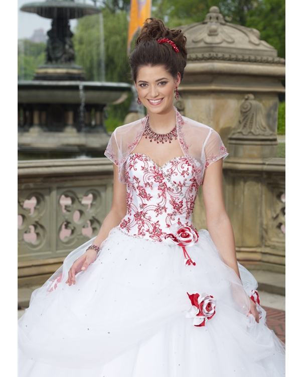 Strapless Sweetheart Floor Length White Ball Gown Tulle Quinceanera Dresses With Red Embroidery