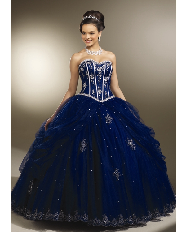 Dark Blue Strapless Sweetheart Floor Length Ball Gown Tulle Quinceanera Dresses With White Embroidery