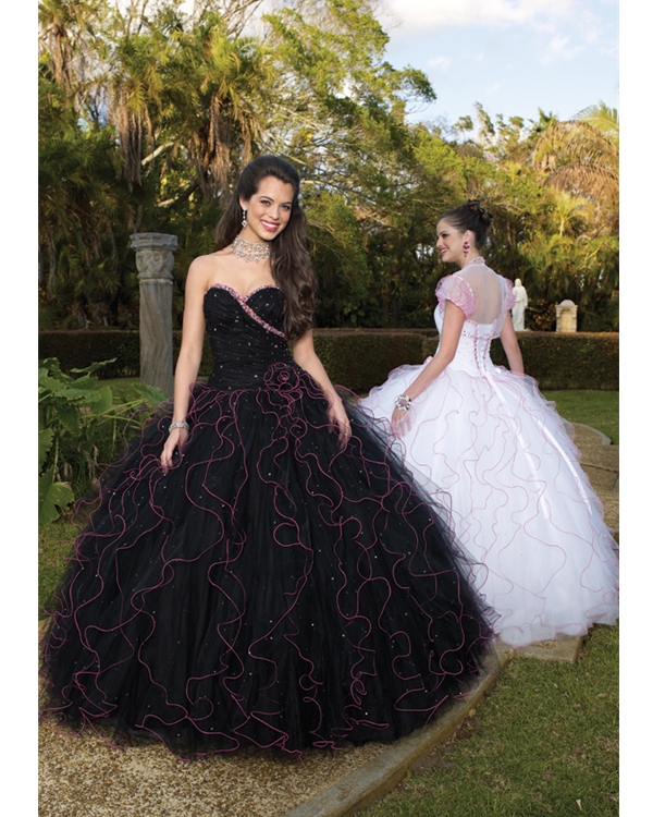 Black Sweetheart Strapless Floor Length Ball Tulle Quinceanera Dresses With Pink Trimmed Ruffles