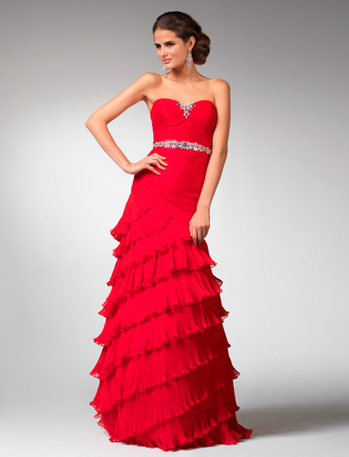 Scarlet Sweetheart Floor Length Sheath Tiered Prom Dresses With Beads And Ruches