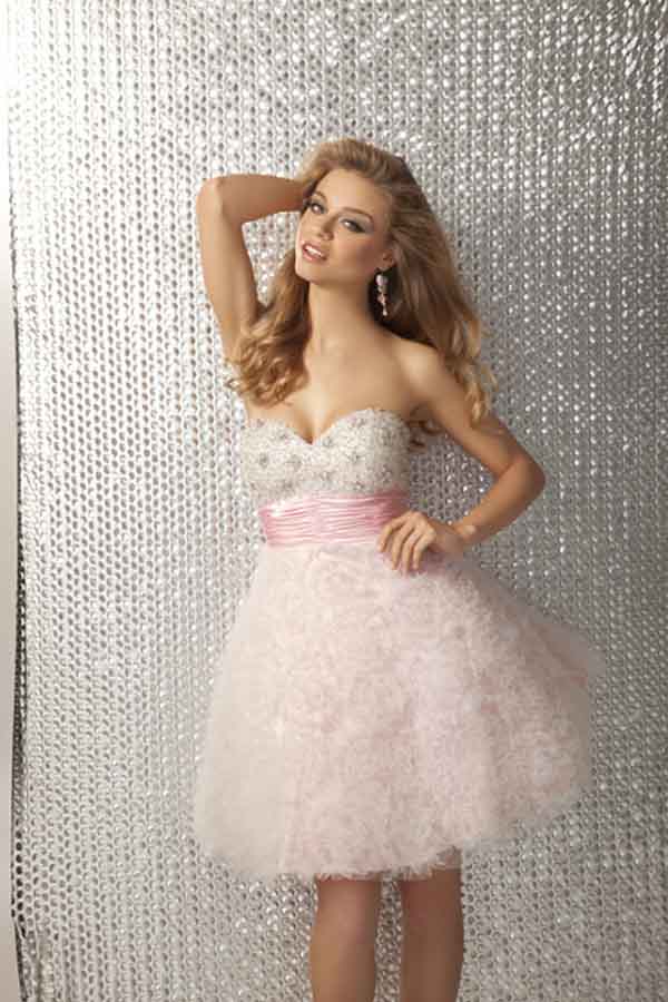 Strapless Sweetheart Mini Short Pale Pink Empire Prom Dresses With Sequin And Ruches