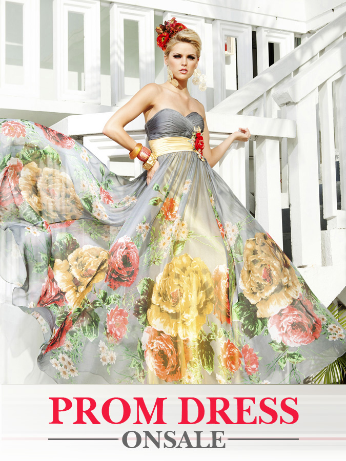 Colorful Printed Strapless Sweetheart Empire Floor Length Pleated Prom Dresses With Sash And Flower 