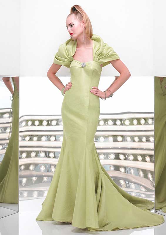 Olive Sweetheart Short Sleeve Sweep Train Floor Length Mermaid Taffeta Prom Dresses With Beads 