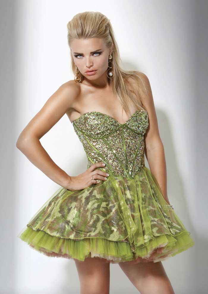 Printed Olive Strapless Sweetheart Short Mini A Line Tulle Prom Dresses With Sequins 