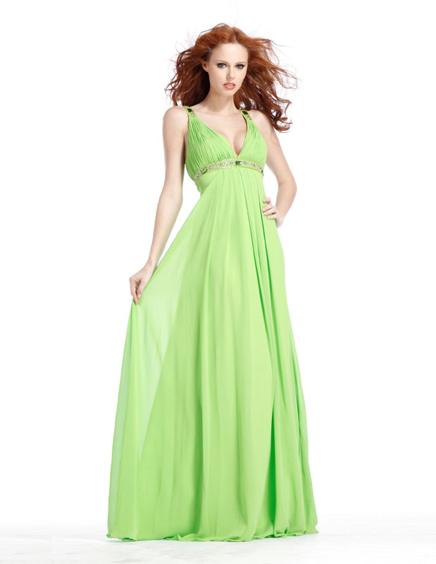 Deep V Neck Empire Floor Length Lime Chiffon Prom Dresses With Beading 