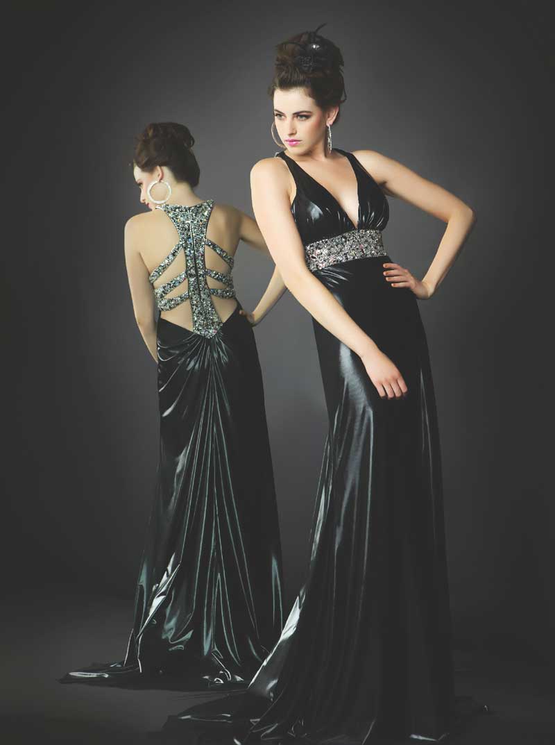 Sexy Black Deep V Neck Open Back Sweep Train Sheath Floor Length Prom Dresses With Beads 