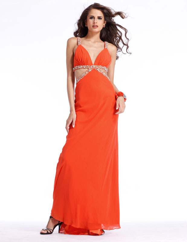 Sexy Orange V Neck And Strap Floor Length Sheath Prom Dresses With Beads