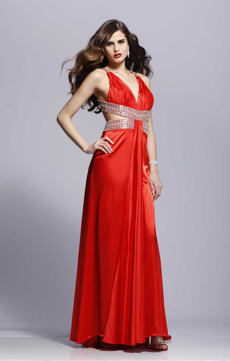 V Neck Cross Back Sweep Train Floor Length Red Sheath Prom Dresses With Beads