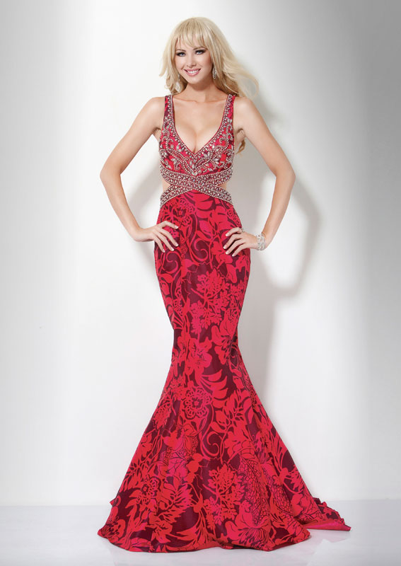 Red Floral Printed Deep V Neck Floor Length Mermaid Prom Dresses With Jewel And Sweep Train