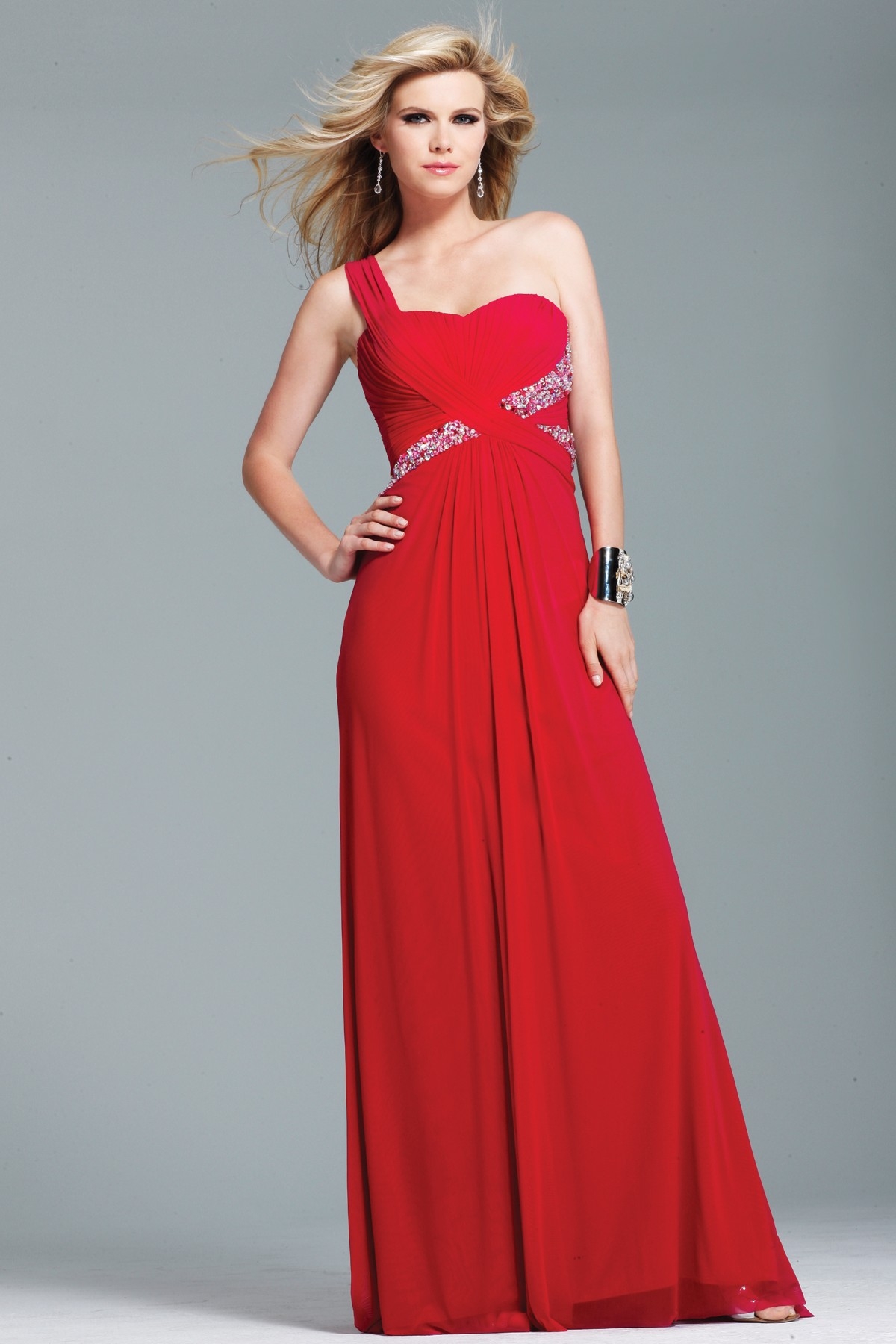 Demure Red One Shoulder Sweep Train A Line Floor Length Sexy Dresses With Sequins