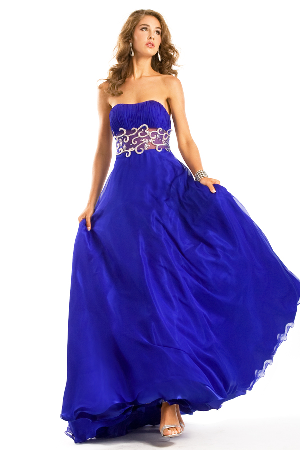 Royal Blue A Line Strapless Floor Length Sexy Dresses With Embellished Wide Waistband
