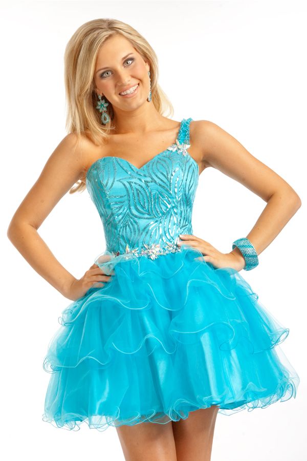 Turquoise One Shoulder Sweetheart Mini Short Tiered Tulle Sexy Dresses With Appliques