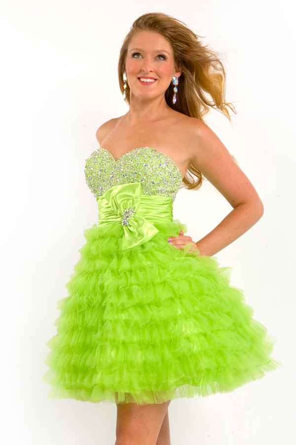 Lime Strapless Sweetheart Empire Short Mini Sexy Dresses With Beading And Tiered Ruffles