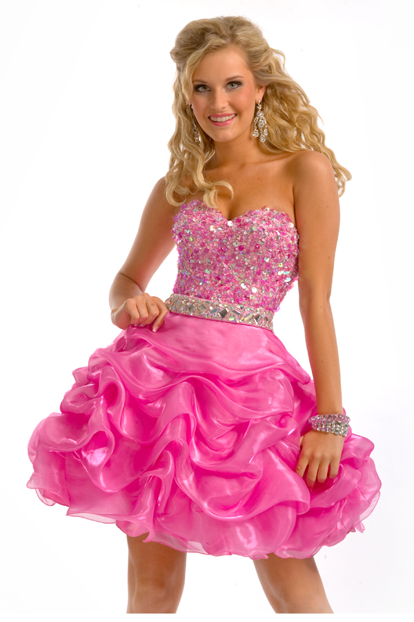Blazing Fuchsia A Line Mini Length Strapless Sweetheart Sexy Dresses With Jewel And Ruffles