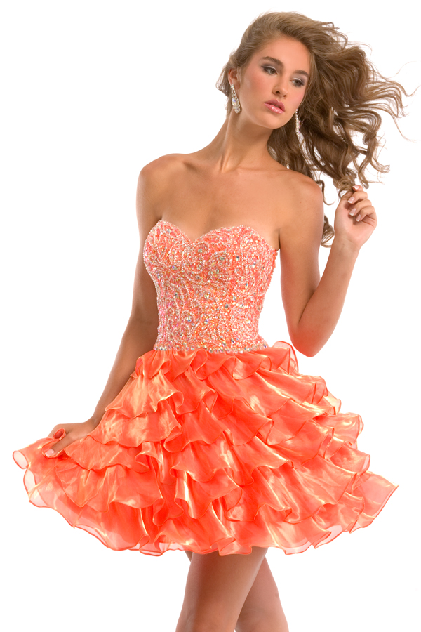 Orange Strapless Sweetheart Short Mini Tiered A Line Sexy Dresses With Embroidery And Ruffles