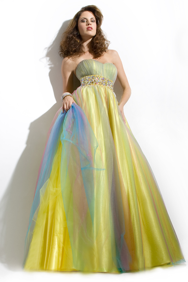 Rainbow And Yellow Strapless Full Length Empire Sexy Dresses With Colorful Beaded Waist
