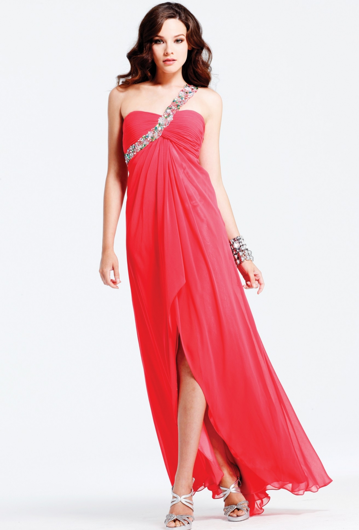 Red One Shoulder High Slit Open Back Full Length Column Sexy Dresses With Multi Color Sequins