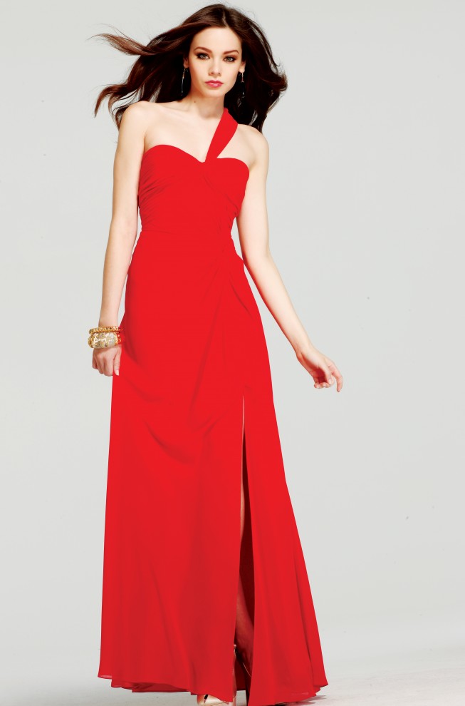 Best Selling Floor Length One Shoulder High Slit Low Back Red Column Sexy Dresses