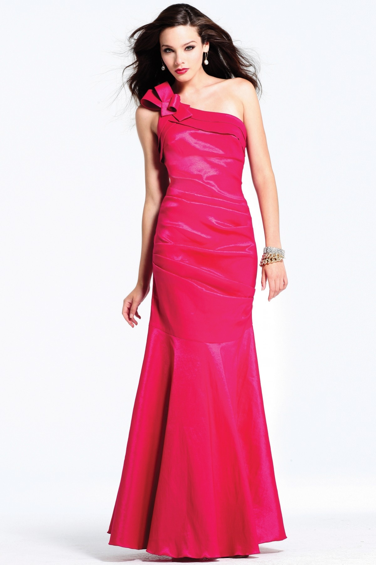 Graceful Floor Length One Shoulder Column Magenta Sexy Dresses With Bowknot