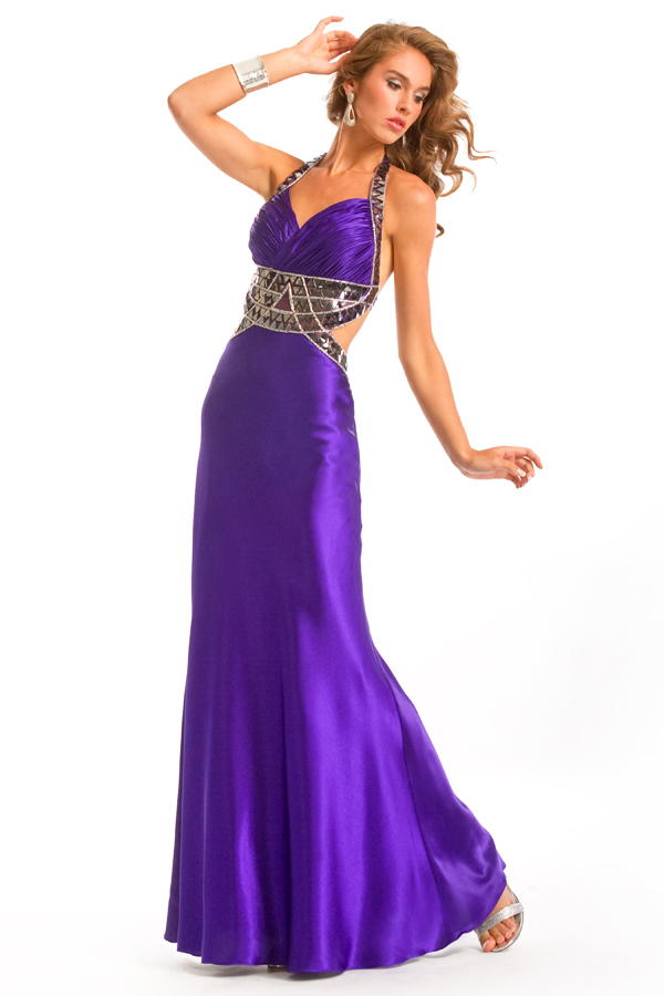 Graceful Purple Halter Low Back Empire Floor Length Sexy Dresses With Sequins