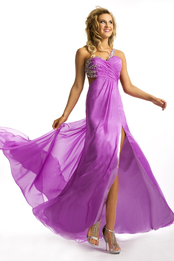 Lilac Empire One Shoulder High Slit Open Back Floor Length Sexy Dresses With Beads