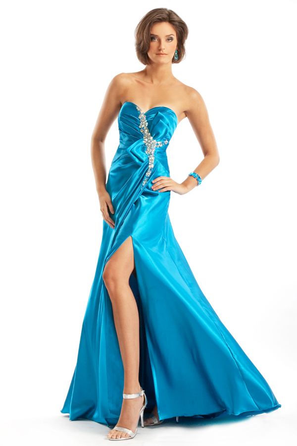 Turquoise Strapless Sweetheart High Slit Floor Length Empire Sexy Dresses With Jewel