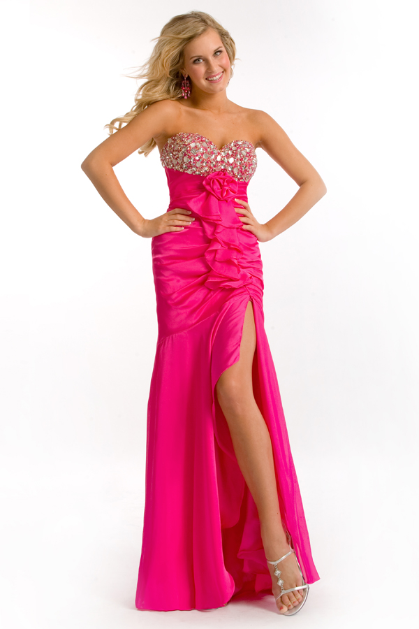Fuchsia Empire Sweetheart Strapless High Slit Floor Length Sexy Dresses With Jewels And Ruches