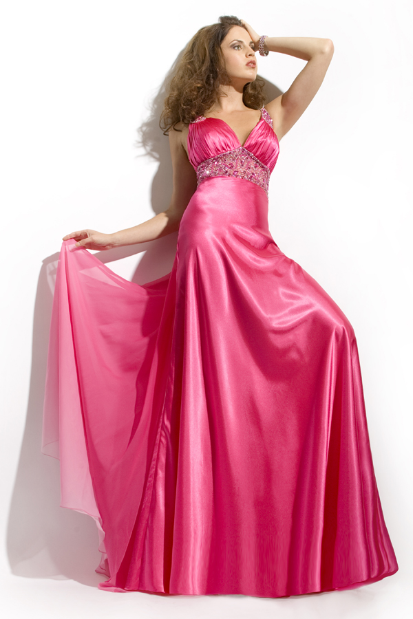 Elite Deep Pink Empire V Neck Open Back Floor Length Sexy Dresses With Beads