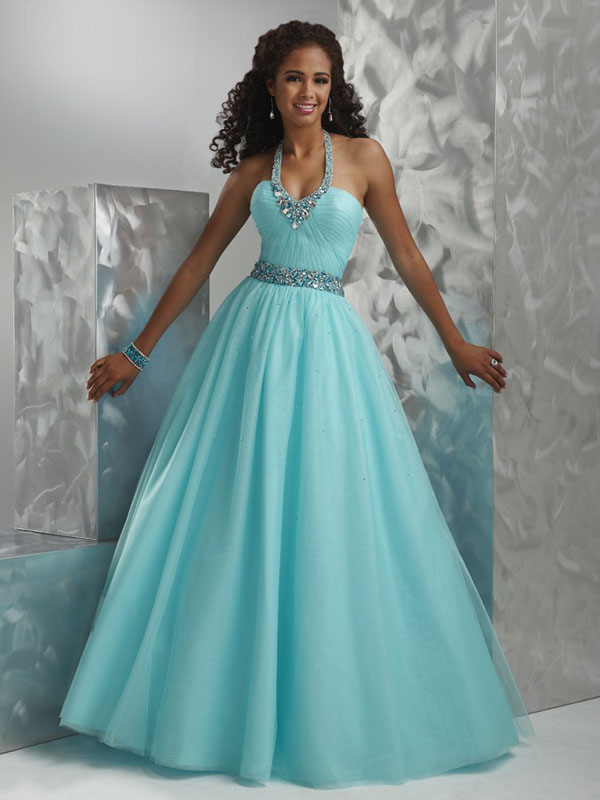 Aqua A Line Halter And V Neck Bandage Floor Length Organza Prom Dresses With Jewel And Pleats
