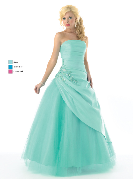 Aqua A Line Strapless Lace Up Full Length Satin Tulle Prom Dresses With Beading And Ruffles 