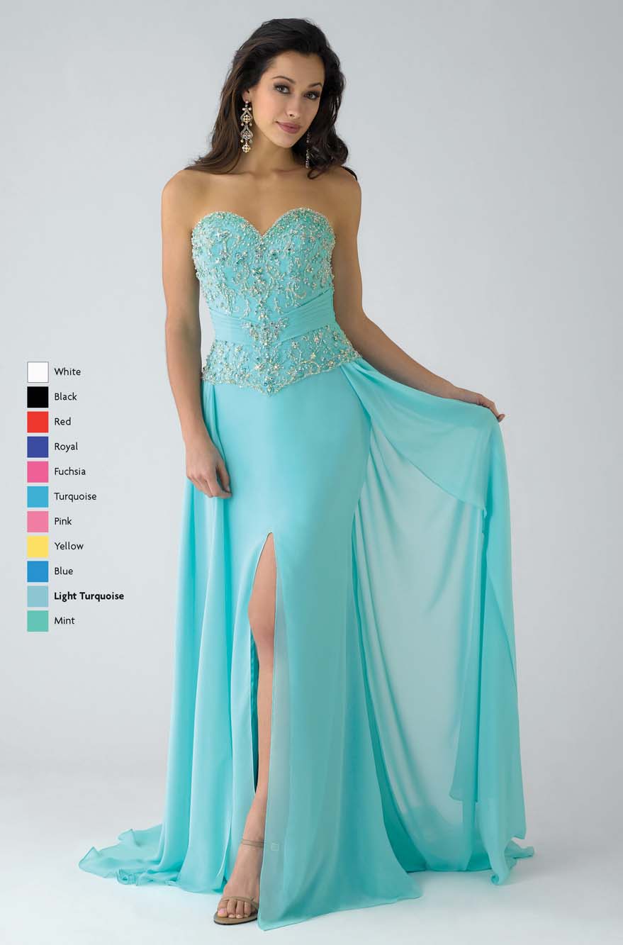 Aqua Column Strapless Sweetheart Low Back Sweep Train Full Length Chiffon Prom Dresses With Beading And Side Slit 