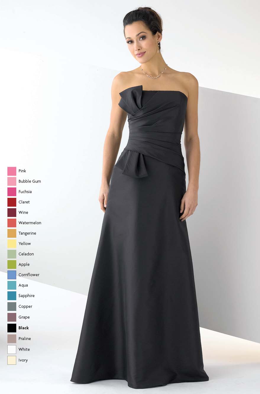 Black A Line Strapless Zipper Sweep Train Floor Length Satin Prom Dresses With Bow
