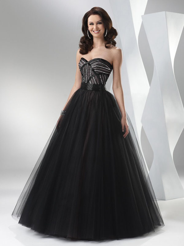 Black A Line Strapless Sweetheart Bandage Floor Length Sequin Orangaza Prom Dresses