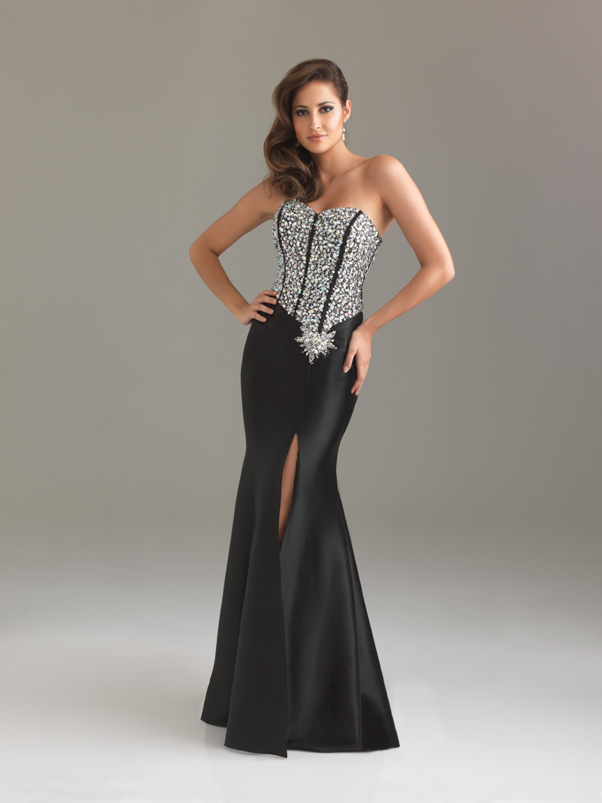 Black Mermaid Sweetheart Floor Length High Slit Lace Up Prom Dresses With Sequins And Brooch 