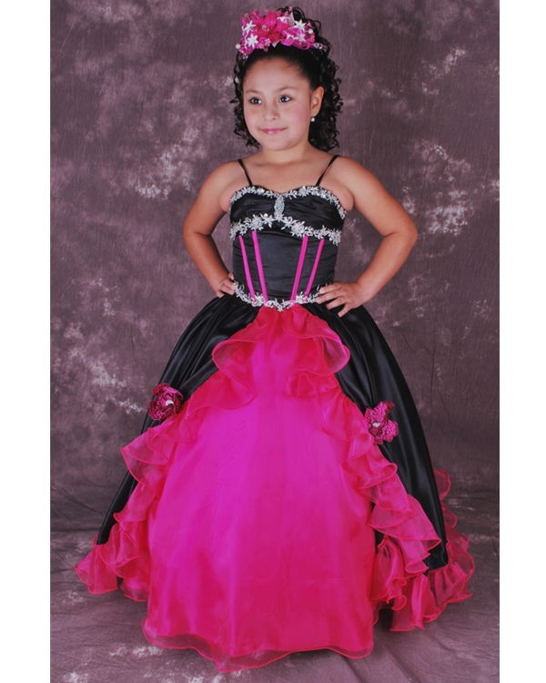 Black And Fuchsia Spaghetti Straps Lace Up Ball Gown Floor Length Flower Girl Dresses With Ruffles 