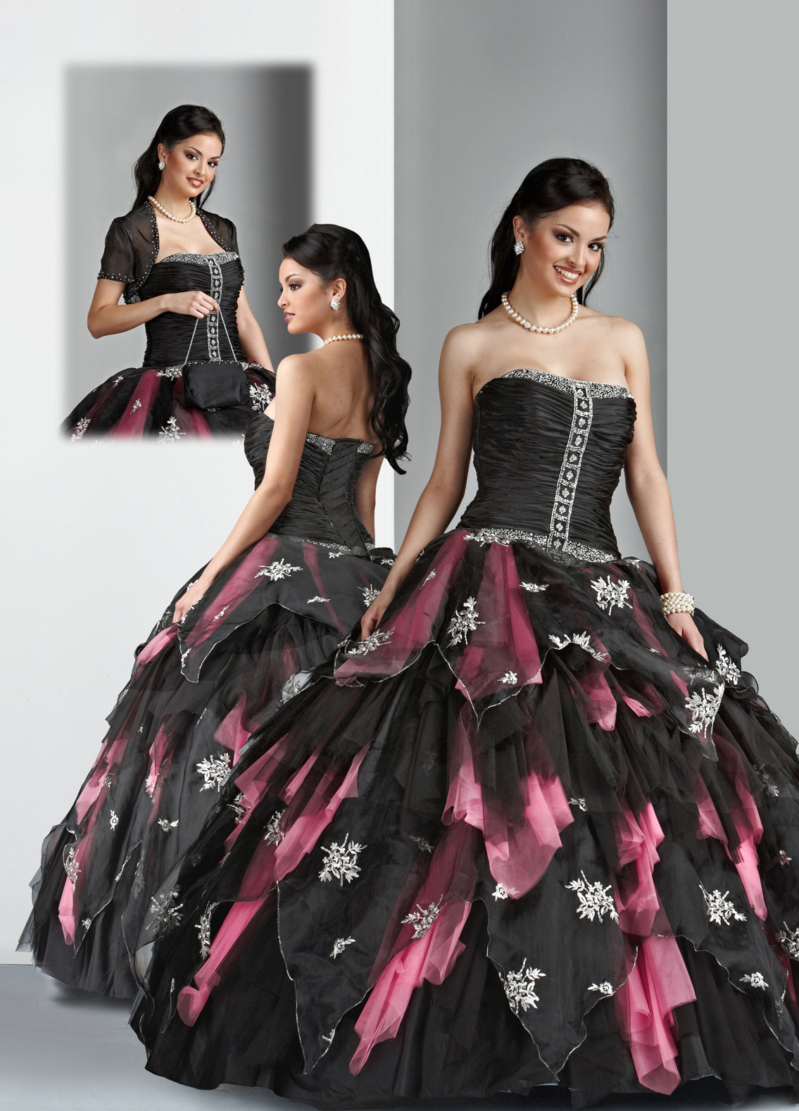 Black And Pink Ball Gown Strapless Lace Up Full Length Ruched Quinceanera Dresses With Appliques