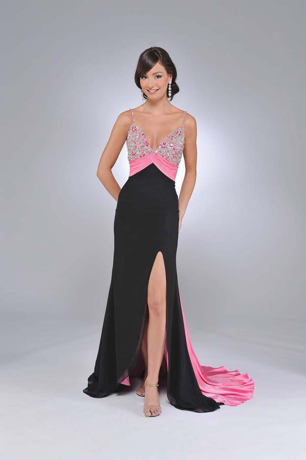 Black And Pink Empire Sheath Spaghetti Straps And V Neck Backless High Slit Sweep Train Full Length Sequin Prom Dresses