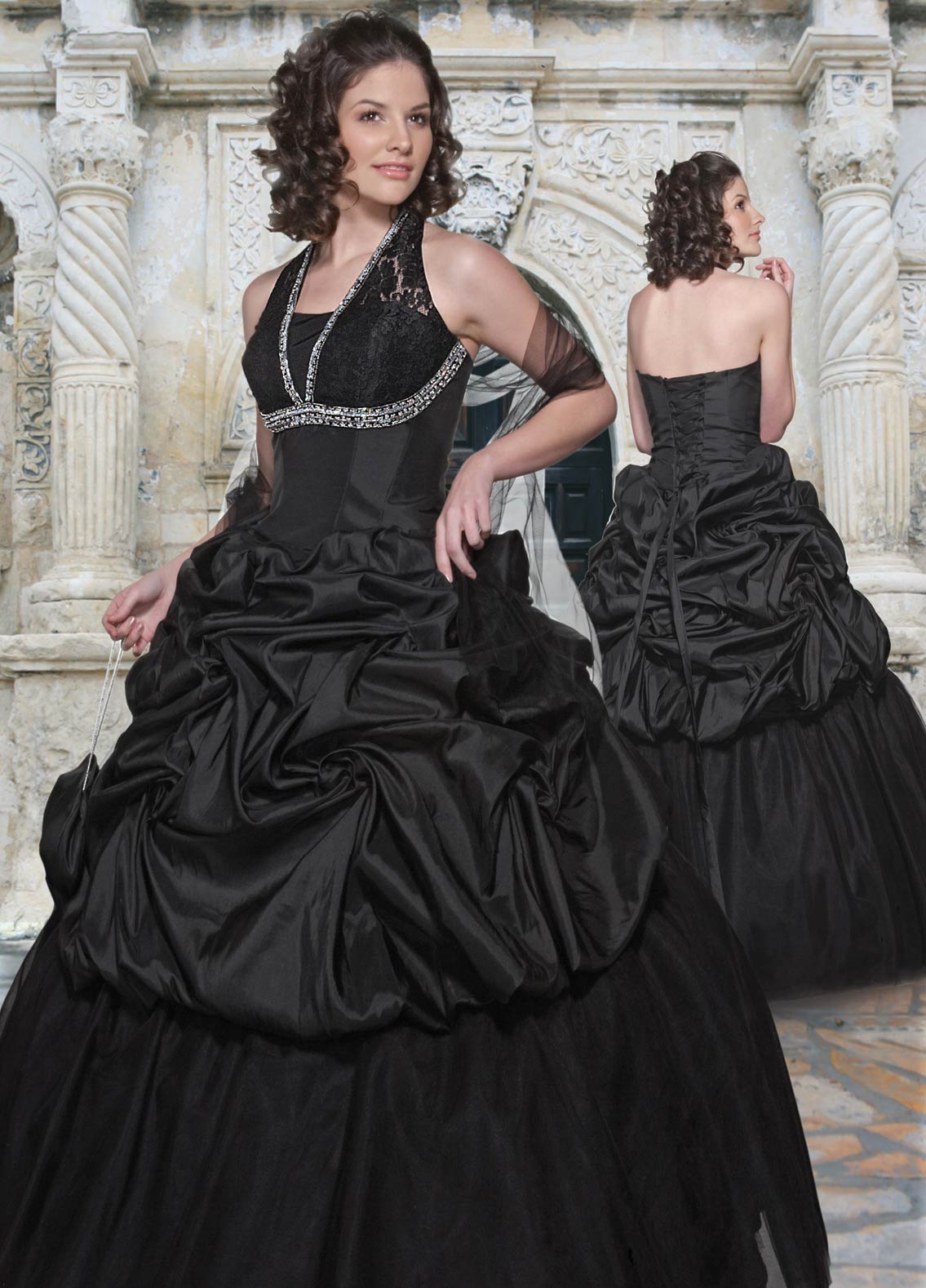 Black Ball Gown Halter And V Neck Lace Up Full Length Quinceanera Dresses With Sequin And Lace And Ruffles 