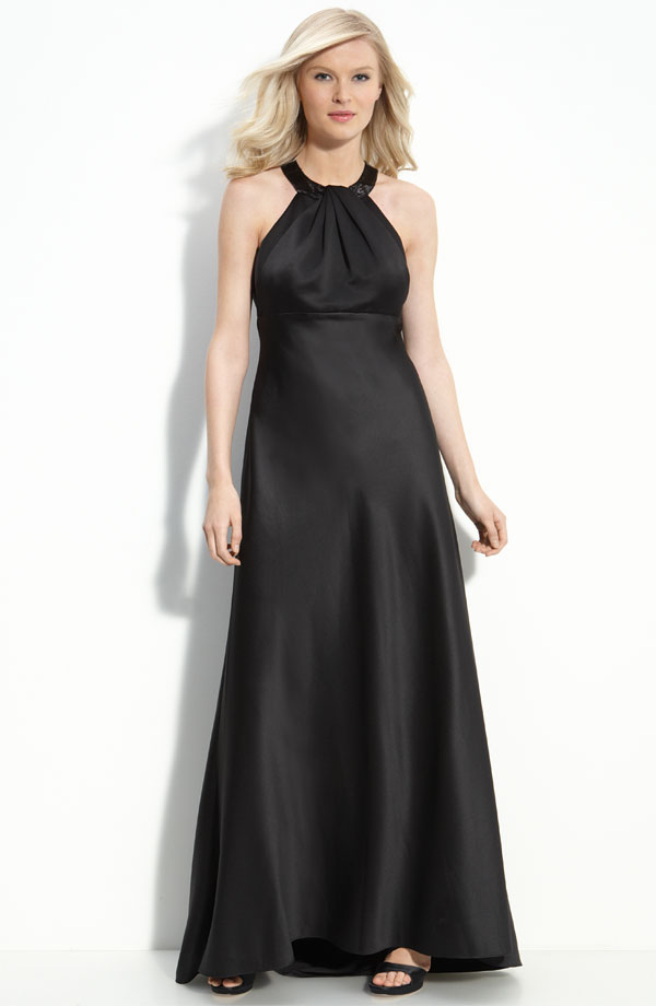 Elegant Black Column Halter Floor Length Zipper Satin Bridesmaid Dresses