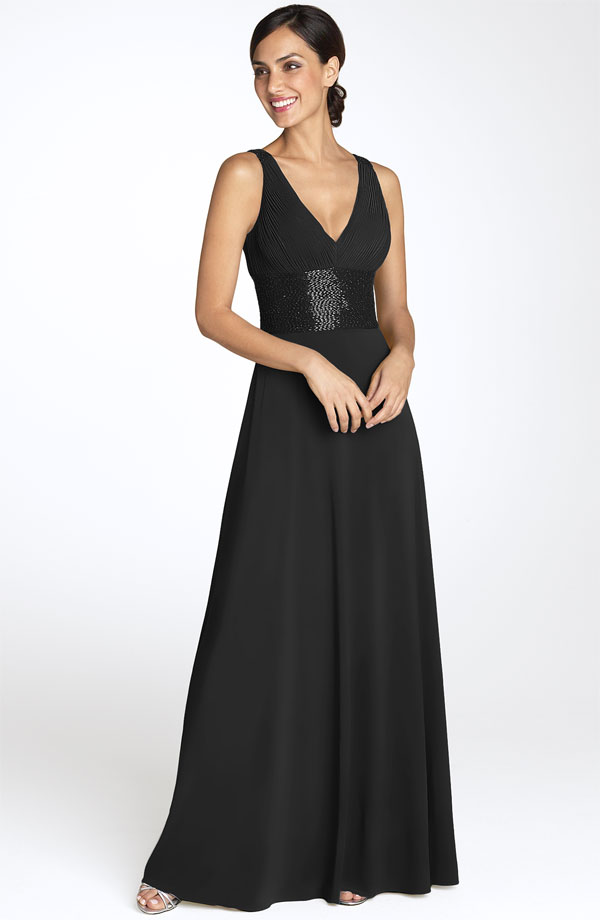 Black Sheath V Neck Zipper Floor Length Bridesmaid Dresses With Sequined Belt 
