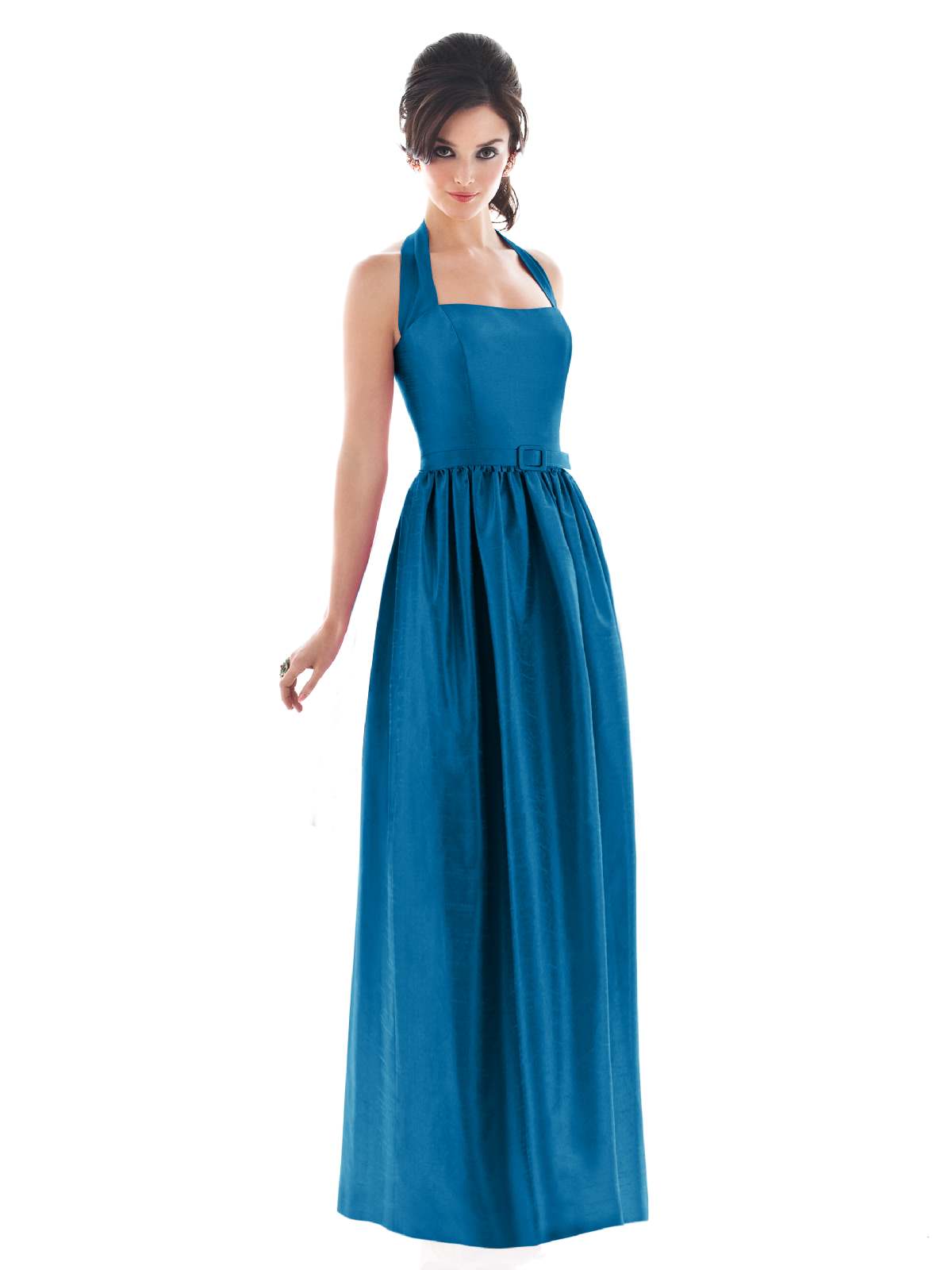 Blue A Line Halter Low Back Drapes Floor Length Prom Dresses With Belt