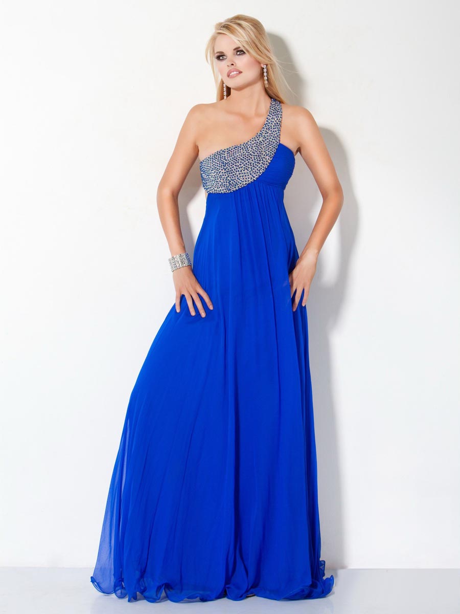 Royal Blue A Line One Shoulder Open Back Floor Length Celebrity Dresses With Sequins