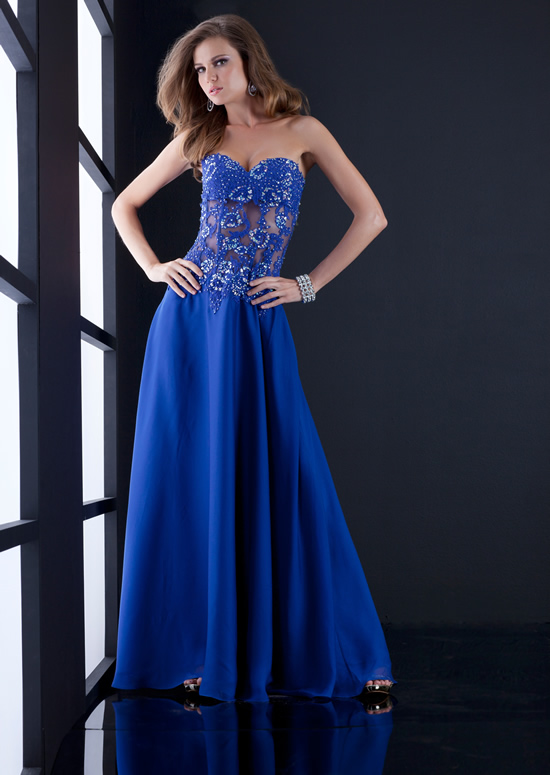 Blue A Line Strapless Sweetheart Zipper Full Length Chiffon Evening Dresses With Beading And Lace 