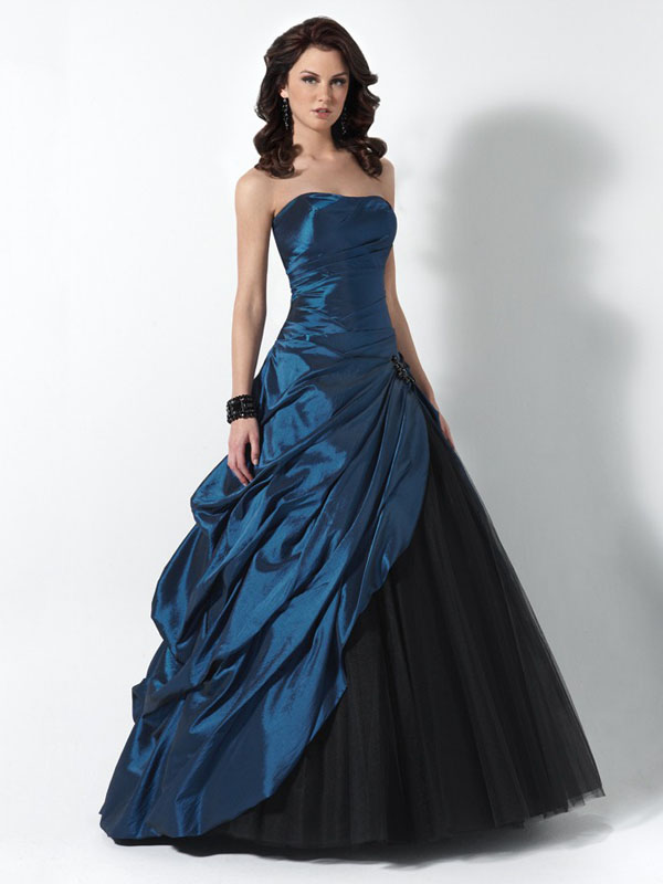 Navy Blue A Line Strapless Bandage Floor Length Beading Ruffle Satin Tulle Prom Dresses