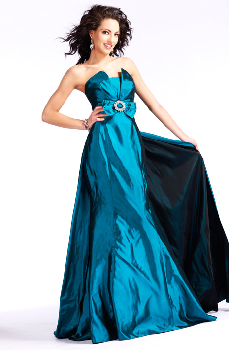 Strapless Zipper Sweep Train Teal A Line Floor Length Evening Dresses With Bowknot