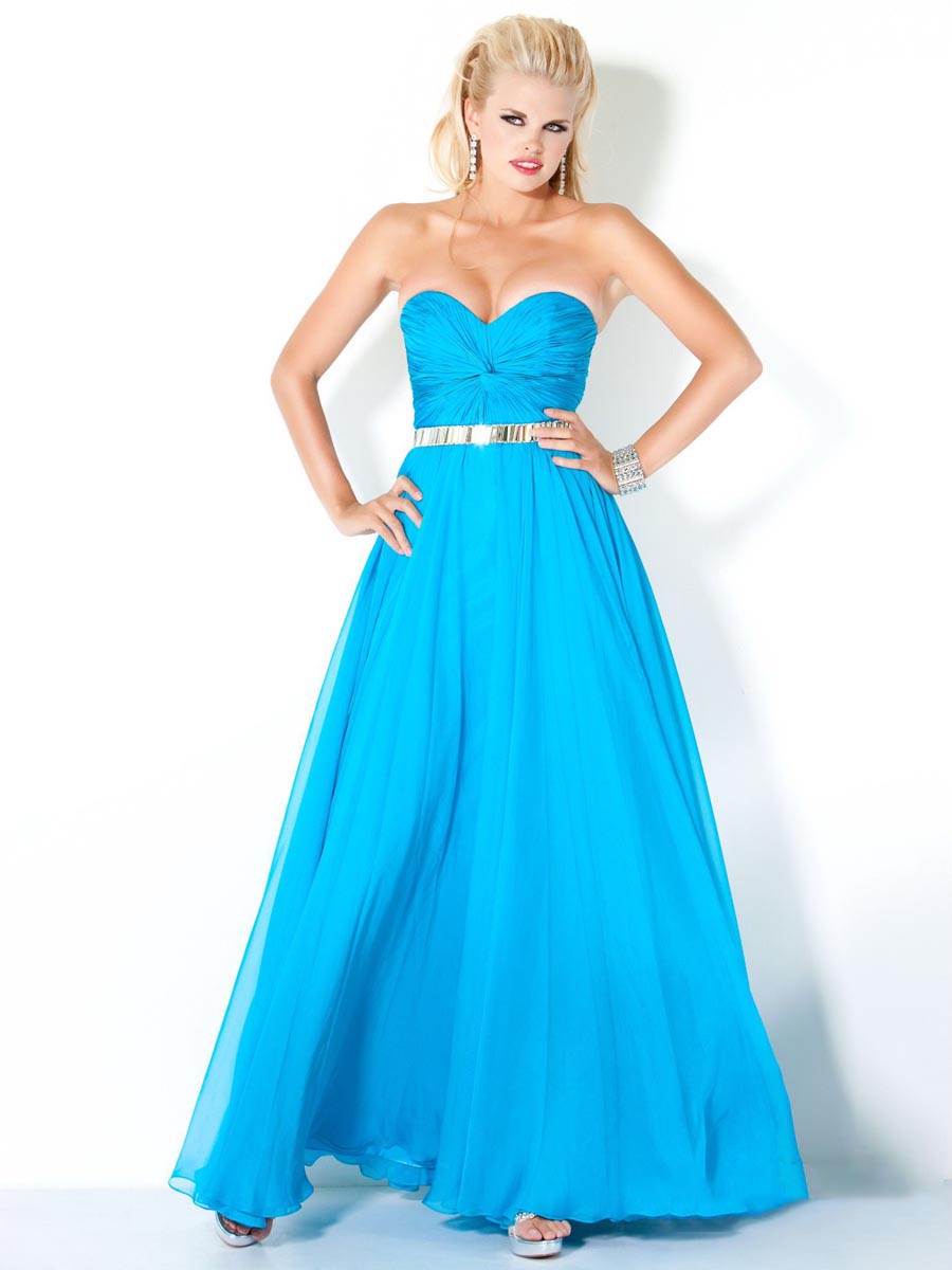 Turquoise A Line Strapless Sweetheart Zipper Ankle Length Chiffon Evening Dresses With Sequins And Ruffles 